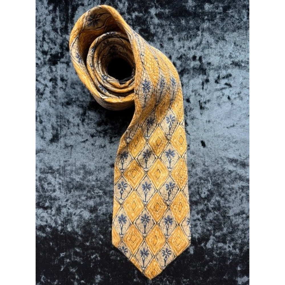Lands' End Men's 100% Silk Tie Gold Navy Floral Diamond USA Hand Sewn 3.75"